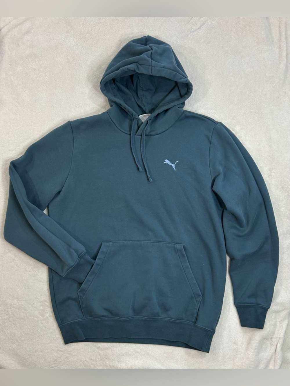 Puma Men's Essentials Embroidered Logo Hoodie - Teal size S Kangaroo Pocket